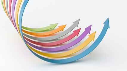 Seven arrows competing on rounded circular path, business competition race challenge and strategic advancement corporate concept, 3d render