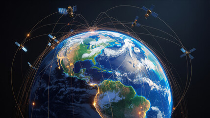 Global satellite network orbiting planet earth, connecting continents satellite