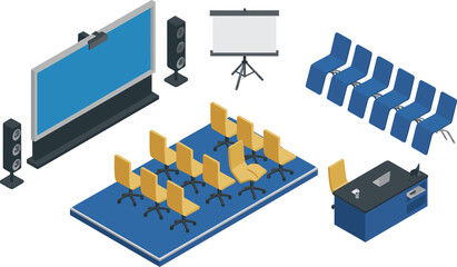 Isometric illustration of modern conference hall interior with presentation stage, projection screen, chairs, podium, and meeting room setup