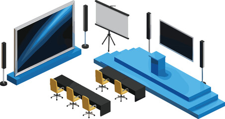 Isometric illustration of modern conference hall interior with presentation stage, projection screen, chairs, podium, and meeting room setup