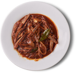 spicy dried sprats on a white plate, fish cooked in a rich red-brown masala sauce with onions and curry leaves, isolated white background, traditional seafood cuisine in indian or sri lankan style