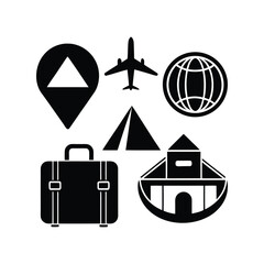 Travel and tourism icons A collection of symbols representing transportation, accommodation, and global exploration, ideal for travel agencies, booking platforms, and travel guides