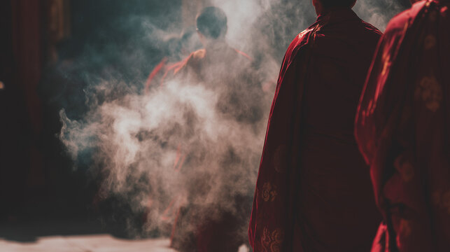 Buddhist monks walking through incense smoke during sacred Lhosar Festival morning ritual