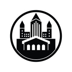 Architectural Emblem A stylized depiction of a building within a circle, symbolizing urban development, infrastructure, and design, perfect for branding