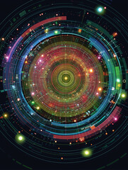 Obraz premium Abstract Digital Visualization: A vibrant and complex digital rendering of concentric circles and intricate data visualizations.