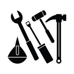Illustration of various hand tools, including a wrench, screwdriver, mallet, hammer, and level, perfect for design and repair projects