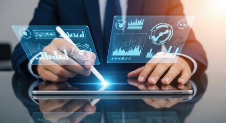 Businessman using a digital tablet with holographic data visualizations for business analysis and financial planning.