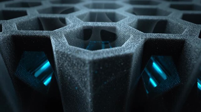 Graphite block array hexagon cell helium cooled glowing blue core rising vapor hexagonal foam grid blue light reflections