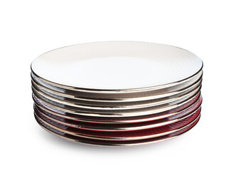 Stack of different ceramic plates isolated on white