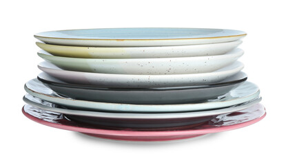 Stack of different ceramic plates isolated on white