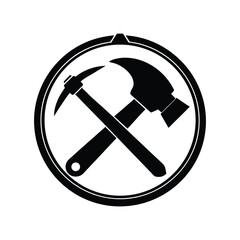 Hammer and pickaxe icon representing construction, mining, and skilled labor, symbolizing hard work and industrial enterprise in a circular emblem