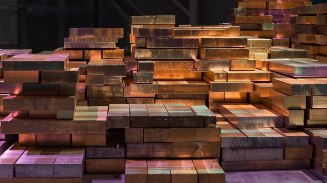 Stacked metal ingot block stack factory storage. copper alloy ingot blocks industrial workshop floor with warm reflective