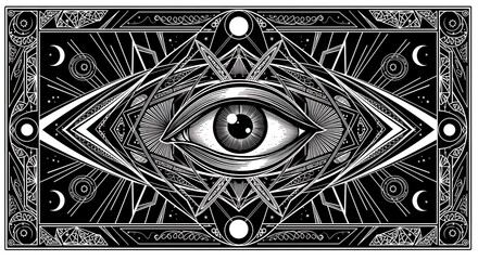 An intricate, symbolic design featuring a detailed all-seeing eye within a complex framework of geometric shapes and celestial motifs.
