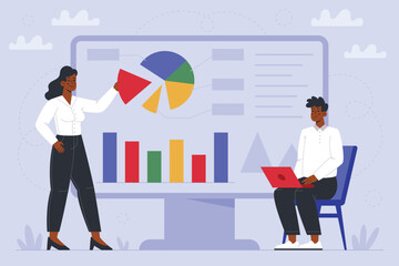 Hand drawn people collaborating and analyzing business data