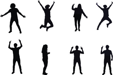 Black Silhouettes of People in Expressive Standing, Jumping, and Gesturing Poses Depicting Joy, Motion, and Human Interaction Vector