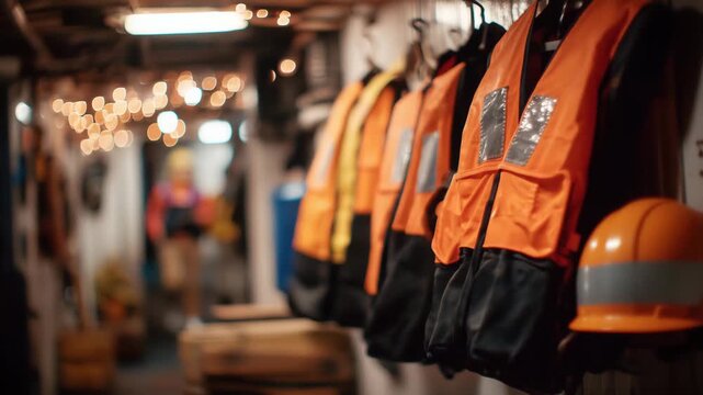 129Industrial hallway with a row of orange safety jackets hanging under fluorescent lights, reflective strips glowing, helmets stacked nearby