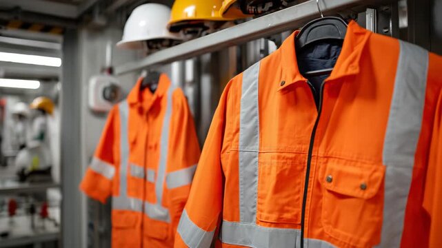 128A row of high-visibility orange safety jackets neatly hanging on metal hooks in an industrial locker room, concrete walls and work helmets in background