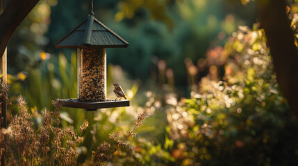 A small bird perched on a bird feeder filled with seeds in a lush green garden setting outdoors