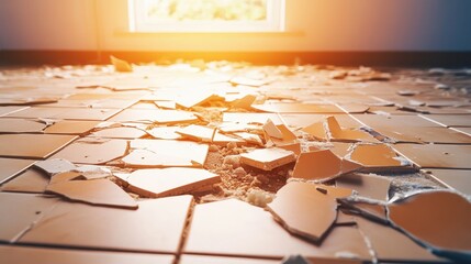 Broken ceramic tiles scattered across the floor after impact