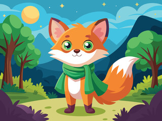 A Cute Cartoon Fox Stands Happily In A Moonlit Forest Scene With Trees