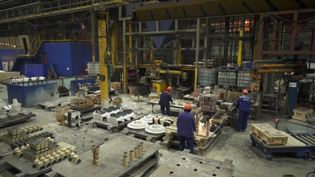 Foundry workers pouring molten metal into molds. Stock clip