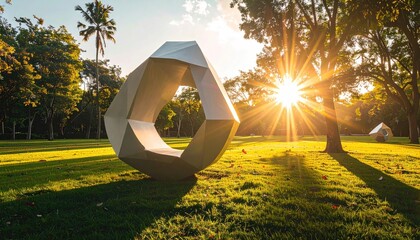 Abstract Geometric Sculpture in a Lush Green Park During Golden Hour with Sunburst Effect and Tall Palm Trees in the Background