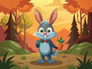 Cute Cartoon Rabbit Stands In Autumn Forest Holding A Carrot With Bow Tie