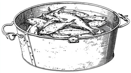 A metal bucket filled to the brim with a large pile of freshly caught fish in black and white