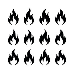 Collection of black fire flame icons on white background