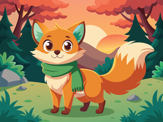 Whimsical Cartoon Fox Stands In Autumn Forest With Charming Scarf Detail