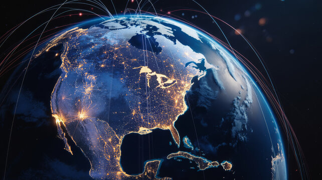 Earth from space showing continents and city lights satellite