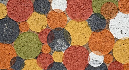 A colorful, textured surface is covered in circles of various sizes and colors, creating a vibrant and cheerful visual pattern.