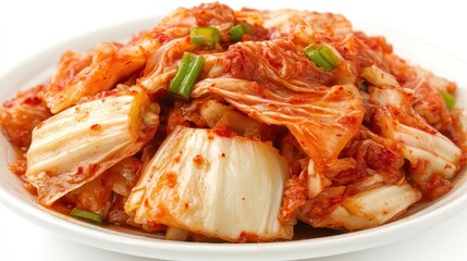Close up of delicious Korean Kimchi on a white plate
