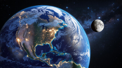 Obraz premium View of earth from space with the moon in the background satellite