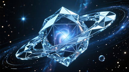 Futuristic Abstract Geometric Diamond Planet with Glowing Inner Galaxy and Crystal Rings in Deep Space