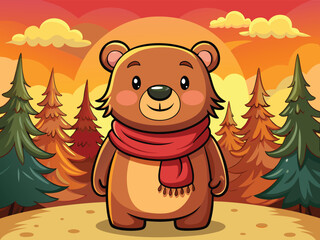 Cartoon Bear With A Red Scarf Standing In An Autumn Forest Illustration