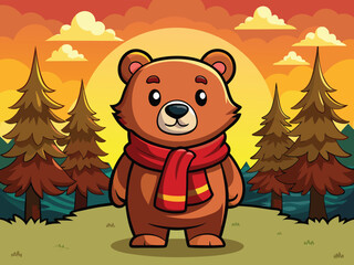 Cute Cartoon Bear Wearing A Scarf Stands In Forest During A Golden Sunset