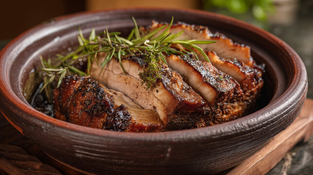 Close up of sliced roasted meat in a brown ceramic bowl garnished with fresh rosemary sprigs