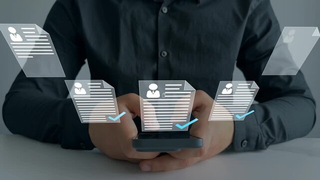 Digital documents with check marks verified staff records and online HR management.Employee approval process management