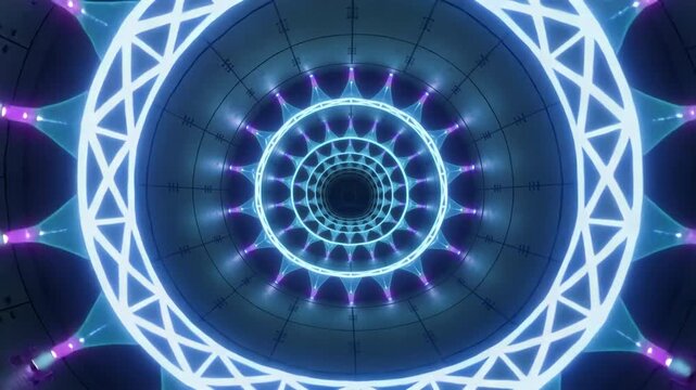  Abstract Infinity: A Symmetrical, Luminous Tunnel Design with Repeating Patterns, Ideal for Concepts of Virtual Reality, Data Flow, and the Boundless Possibilities of the Future

