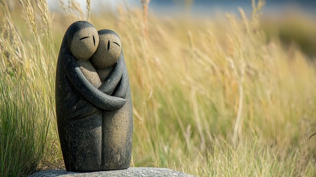 Obsidian sculpture of intertwined figures embracing outdoors