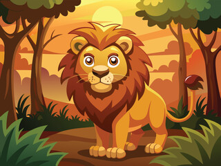 Cartoon Lion Stands Proudly Amidst A Vibrant Stylized Jungle Landscape Scenery