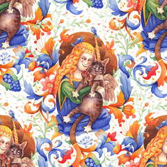 Watercolor seamless pattern in humorous medieval style. A curly-haired girl hugs her fantasy-style winged cat