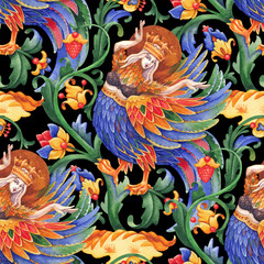 Watercolor medieval seamless pattern of a bright girl in a crown dancing as a mythical paradise bird,