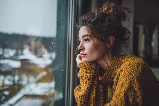 Beautiful young woman looking out of a window, deep in thought with her hand on her chin, sad and melancholic,   feeling lonely and distressed. Concept of relationship crisis or breakup. 