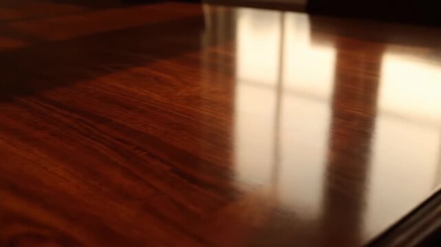 Wooden table surface with reflections and sunlight in a natural setting
