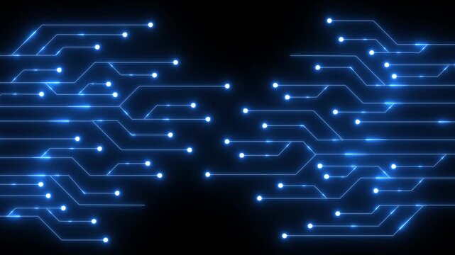 Blue digital circuit board pattern with glowing lines and nodes on black background technology abstract