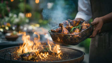 Person holding a basket of grilled chicken over a barbecue grill with flames in the background