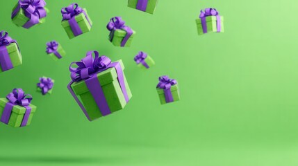 falling green presents with purple ribbons,