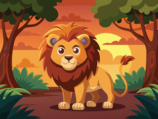 Fototapeta premium Cartoon Lion Standing In A Forest Clearing During A Vibrant Sunset Scene